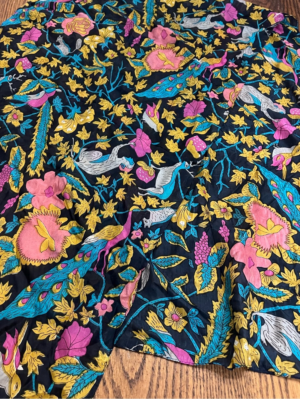 Pure silk Vibrant Floral & Peacock Print - Black Base with Pink, Yellow, scarf